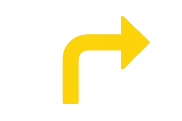 Yellow arrow turning right, showing navigation, direction, curve, and next step planning on transparent background