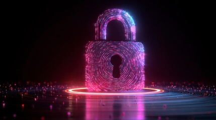 A vibrant, neon-lit digital lock illustration, surrounded by glowing particles on a black background
