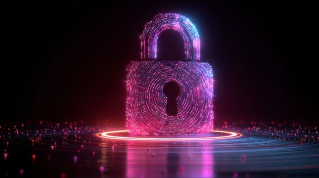 A vibrant, neon-lit digital lock illustration, surrounded by glowing particles on a black background - Powered by Adobe