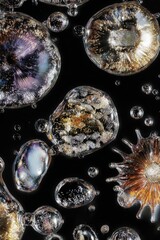 Translucent floating shapes with glowing golden particles on a dark background.