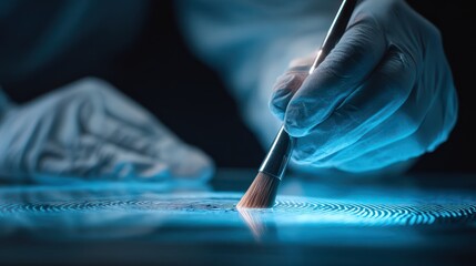 Forensic expert collecting fingerprint evidence powder