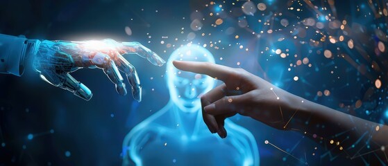 Human and robotic hands touching fingers with glowing light on blue digital background. Concept of artificial intelligence, innovation, and human technology connection.