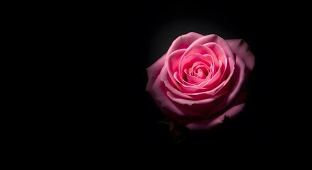 Single pink rose flower close-up isolated on a dark black backgr