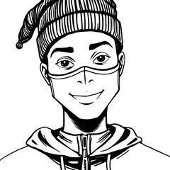 Obraz premium Hand-drawn monochrome portrait of a masked young adult of African descent with a rounded face, full lips, and a slight smile, wearing a fitted beanie and a zip-up hoodie with a high collar, bold black