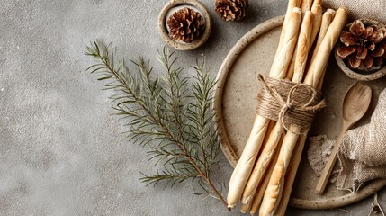 Flat lay of breadsticks tied with twine, rustic yet minimal holiday styling