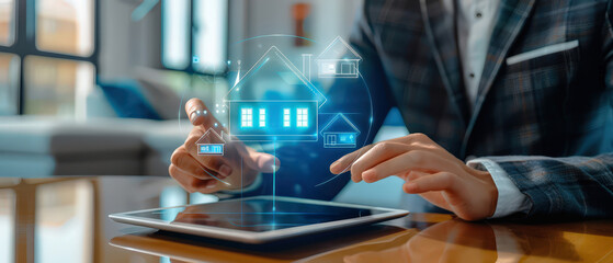 Person interacting with holographic smart home icons on tablet. Concept of real estate, housing, digital property, and technology innovation.