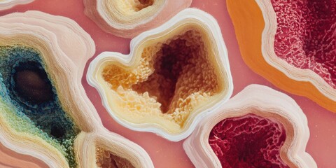 Detailed micrograph with cellular mosaics and fine reticulate lines, combining rounded and elongated forms