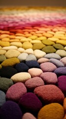 Many small pom poms of different colors are arranged close together on a flat surface.