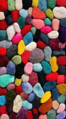 Many small pom poms of different colors are arranged close together on a flat surface.