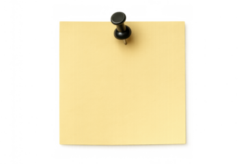 Yellow post-it note blank paper attached with pushpin creating a reminder memo message concept on transparent background