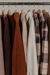 Several sweaters in different colors and patterns hang on wooden hangers in a neat row.