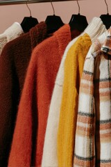 Several sweaters in different colors and patterns hang on wooden hangers in a neat row.