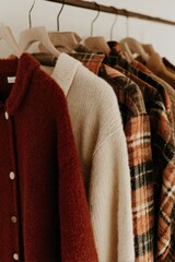 Several sweaters in different colors and patterns hang on wooden hangers in a neat row.