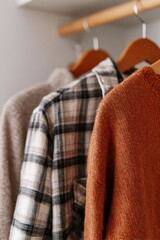 Several sweaters in different colors and patterns hang on wooden hangers in a neat row.