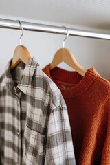 Several sweaters in different colors and patterns hang on wooden hangers in a neat row.
