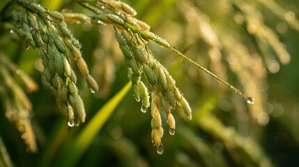 Obraz premium Close-Up Of Dew-Kissed Rice Plant With Ripening Grains In Sunlight, Showcasing Nature's Beauty And Agriculture's Bounty In A Serene Environment