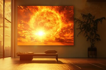 Bright sun setting against vibrant clouds illuminates modern interior space