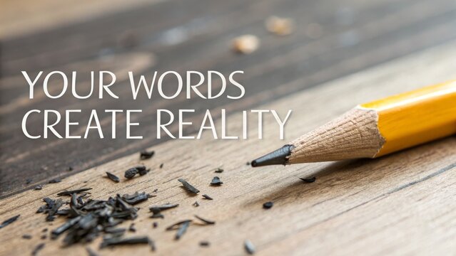 Close-up of a pencil creating words on a wooden surface
