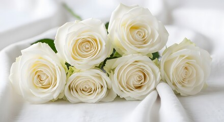 Obraz premium Six fresh white roses with creamy centers lying on soft white dr
