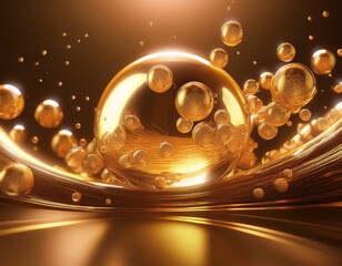 glowing golden sphere gold molecules glass bubbles sparkling energy cosmetic moisturizing water molecules cosmetic essence liquid oil foam glass texture 3d rendering luxury science