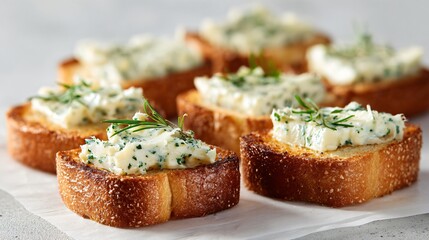 Mini toast squares with herb butter, white surface, balanced spacing
