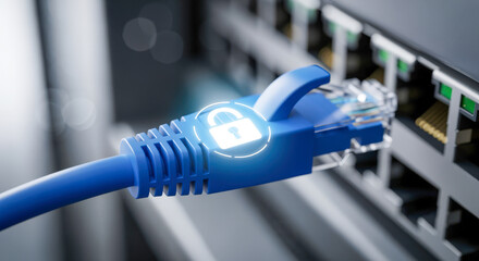 Secure network connection with blue Ethernet cable and glowing padlock icon.