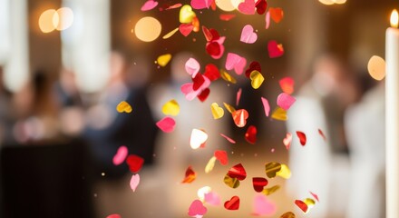 Heart shaped confetti falling during a festive celebration with blurred background lights.