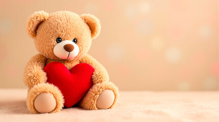 Fototapeta premium Cute teddy bear holding a red heart symbol of love and affection.