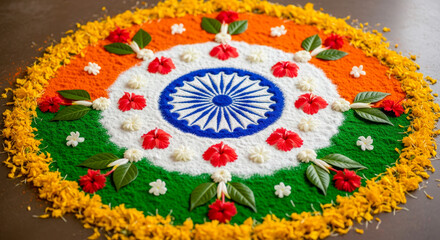Vibrant Indian Flag Colors Rangoli Art with Ashoka Chakra and Flowers.