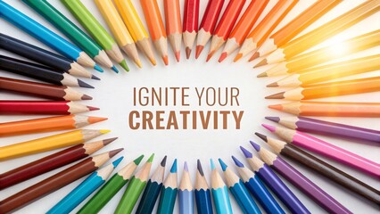 Colored pencils arranged in a circle, with the words 'IGNITE YOUR CREATIVITY'