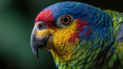 Close-up of a vibrant parrot with striking blue, red, yellow, and green plumage. The bird's eye is focused, beak partially open