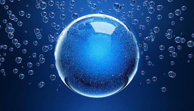 blue glass sphere glowing water bubbles molecules cosmetic moisturizing skincare essence liquid oil foam science face lifting anti aging luxury energy 3d rendering - Powered by Adobe