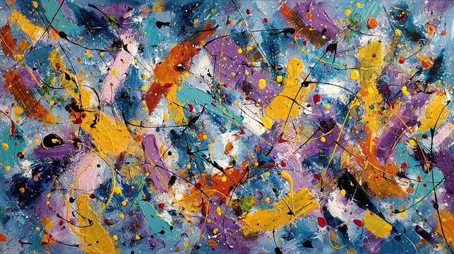 Abstract expressionist painting with bright colorful splashes and paint splatters
