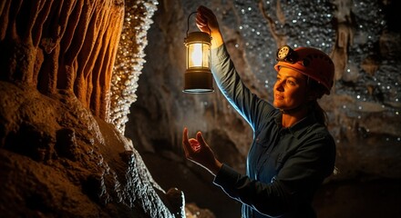 Female caver explores dark cave with lantern. Woman illuminating geological rock formations during underground adventure