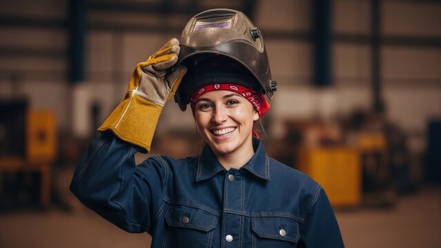 Portrait of happy female welder lifting her protective helmet. Confident young woman worker smiling in industrial factory. Skilled trades and labor concept