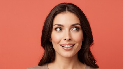 Fototapeta premium Curious young woman with happy smile looking to side. Close-up beauty portrait of cheerful brunette model isolated on coral background with copy space