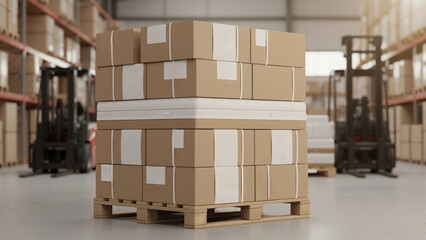 Pallet with mattress and cardboard boxes ready for shipping in large warehouse. Logistics and supply chain management concept with forklifts in background