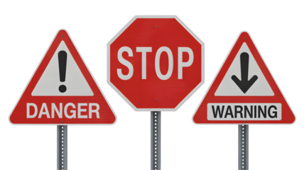 Three red and white warning signs depicting danger, stop, and warning alerts for traffic safety messages, standing isolated against clean white background