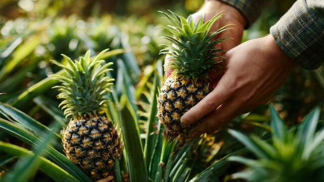 Close-up of a hand gently harvesting ripe pineapples in a lush green field, showcasing the careful selection process, camera zooms in on the action