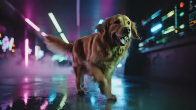 A happy Golden Retriever dog walks through a futuristic city street illuminated by vibrant neon lights at night
