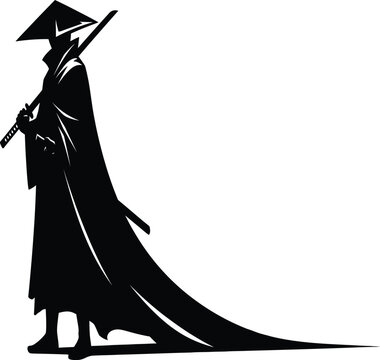 A dramatic depiction of a lone samurai warrior standing with sword presented as a striking silhouette