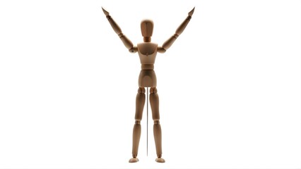 Wooden artist mannequin standing with both arms raised high in a victorious pose, isolated on white background