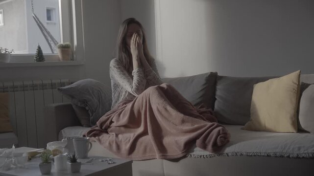 Sick woman with flu, cold, fever and cough sitting on couch at home
