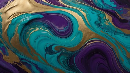 Abstract liquid paint with golden and turquoise pattern, modern artistic background