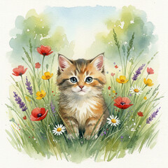 Watercolor illustration of kitten among flowers, spring artistic animal portrait