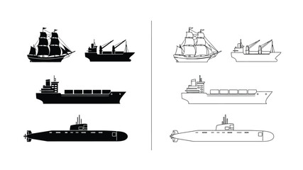 A collection of various naval vessels including ships and submarines