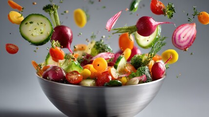 Dynamic motion of fresh salad ingredients falling