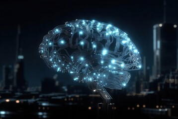 Digital brain illuminating a smart city night symbolizing artificial intelligence and innovation