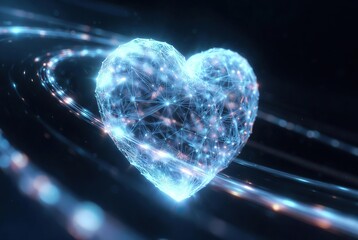 Digital heart pulsating with interconnected light trails, representing love in the age of technology