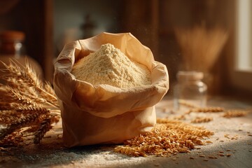 Flour bag, wheat grain, baking ingredients, natural product